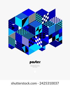 Blue vector abstract geometric background with cubes and different rhythmic shapes, isometric 3D abstraction art displaying city buildings forms look like, op art.