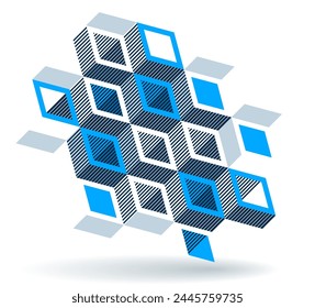 Blue vector abstract geometric background with cubes and different rhythmic shapes, isometric 3D abstraction art displaying city buildings forms look like, op art.