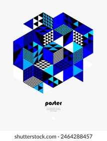 Blue vector abstract geometric background with cubes and different rhythmic shapes, isometric 3D abstraction art displaying city buildings forms look like, op art.