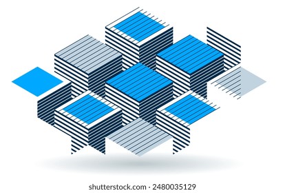 Blue vector abstract geometric background with cubes and different rhythmic shapes, isometric 3D abstraction art displaying city buildings forms look like, op art.