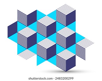 Blue vector abstract geometric background with cubes and different rhythmic shapes, isometric 3D abstraction art displaying city buildings forms look like, op art.