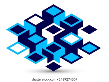 Blue vector abstract geometric background with cubes and different rhythmic shapes, isometric 3D abstraction art displaying city buildings forms look like, op art.