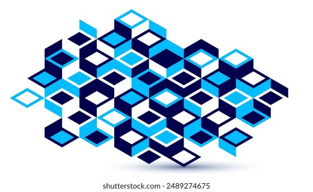 Blue vector abstract geometric background with cubes and different rhythmic shapes, isometric 3D abstraction art displaying city buildings forms look like, op art.