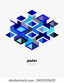 Blue vector abstract geometric background with cubes and different rhythmic shapes, isometric 3D abstraction art displaying city buildings forms look like, op art.