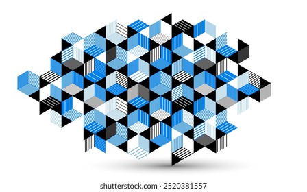 Blue vector abstract geometric background with cubes and different rhythmic shapes, isometric 3D abstraction art displaying city buildings forms look like, op art.