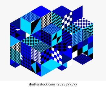 Blue vector abstract geometric background with cubes and different rhythmic shapes, isometric 3D abstraction art displaying city buildings forms look like, op art.