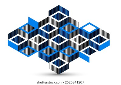 Blue vector abstract geometric background with cubes and different rhythmic shapes, isometric 3D abstraction art displaying city buildings forms look like, op art.