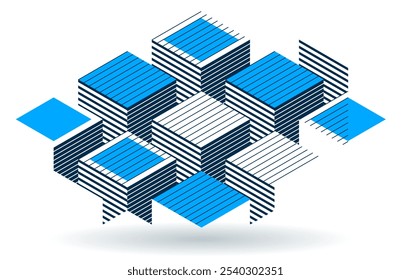 Blue vector abstract geometric background with cubes and different rhythmic shapes, isometric 3D abstraction art displaying city buildings forms look like, op art.