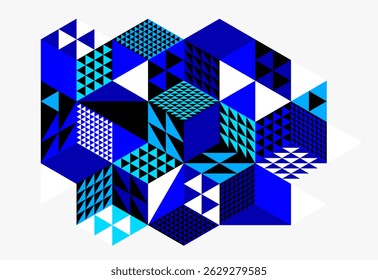 Blue vector abstract geometric background with cubes and different rhythmic shapes, isometric 3D abstraction art displaying city buildings forms look like, op art.