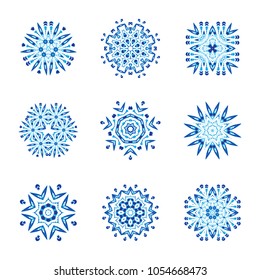 Blue Vector Abstract Mandala. Border or Frame with Geometric Elements on White Background