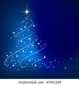 Blue vector abstract winter background with stars Christmas tree