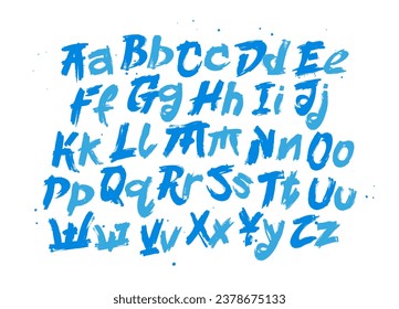 Blaues Vektoralphabet auf weißem Hintergrund. Groß- und Kleinbuchstaben des englischen Alphabets, handgezeichnet. Schöne Schriftart inspiriert von Japan. Schreiben.