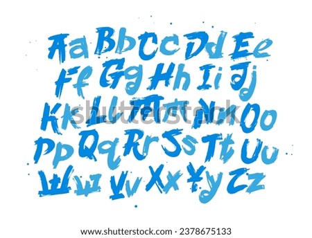 Blue vector alphabet on a white background. Uppercase and lowercase letters of the English alphabet, drawn by hand. Beautiful font inspired by Japan. Lettering.