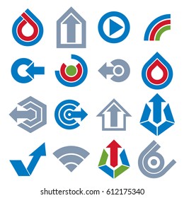 Blue vector app buttons. Collection of arrows, direction icons and different business corporate graphic symbols.
