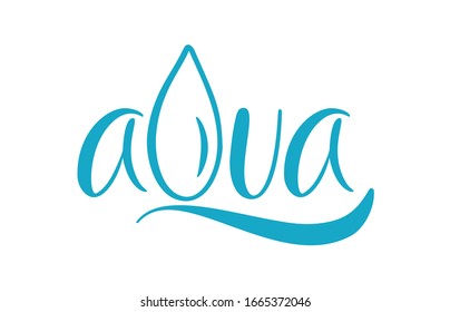Blue vector Aqua text logo with water wave and drop. Eco concept fresh clean drink water. For shop, web banner, poster.