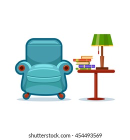 Blue vector armchair and a table with a green lamp and a pile of books on it. Love reading. Cartoon interior illustration. Cute furniture. Home library