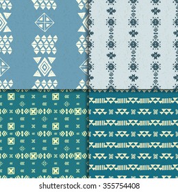 Blue Vector Aztec Seamless Pattern set. Geometric abstract backgrounds.