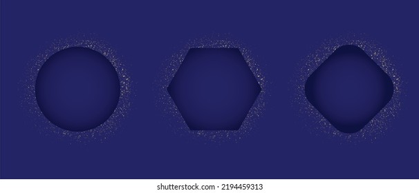 Blue vector bacground frame with gold particles, creative graphic with copy space, suitable for wedding invitation or christmas design elements