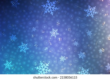 Blue vector backdrop in holiday style. Illustration with colorful snowflakes and Christmas balls. Best design for a college poster, banner.