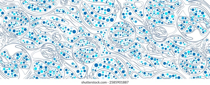 Blue vector background with an abstract chaotic texture. Lines, particles, and circles create a cellular neurographic style. Great for technology, business, and medical banners and presentations.