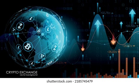 Blue vector background. Bitcoin and blockchain. Planet Earth. Global network. Electronic cryptocurrency and modern technology. Online banking, and financial communications. World wide web. 