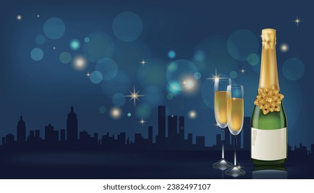 Blue vector background with champagne, wine glasses and city silhouette