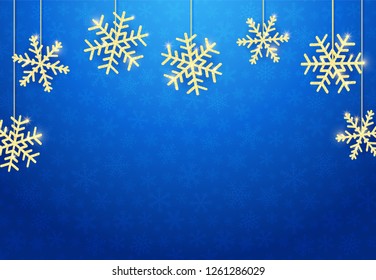 Blue vector background with gold snowflakes