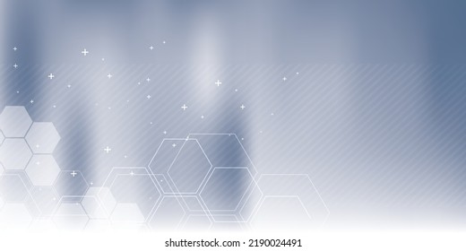 Blue vector background with hexagon shapes and parallel lines. Technology, science, communication and business background.