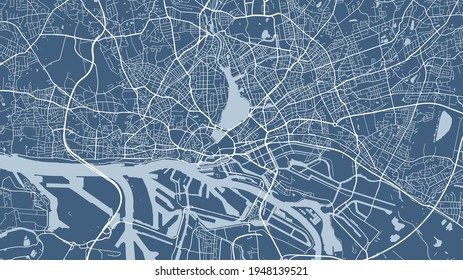 Blue vector background map, Hamburg city area streets and water cartography illustration. Widescreen proportion, digital flat design streetmap.