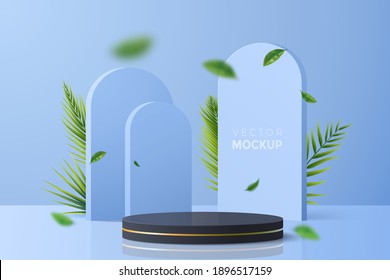 Blue vector background with round black podium for product display. Abstract 3d scene with geometric forms, palm branches and falling leaves. Ideal for showing natural cosmetics packaging. Eps 10