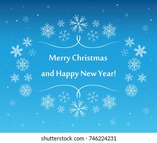 blue vector background with snowflakes - merry christmas and happy new year