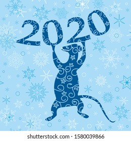 blue vector background with snowflakes and rat - symbol of 2020 new year 