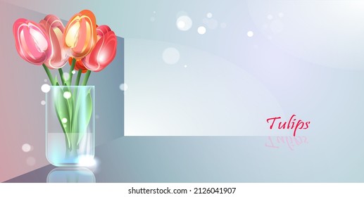 Fondo vectorial azul con jarrón y tulipanes