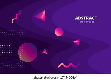 blue vector background with waves and colorful geometric shapes
