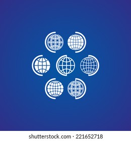 Blue vector background with white abstract globe symbols