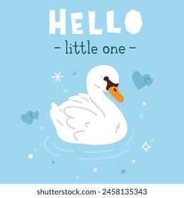 A blue vector background with the word hello little one on it and cartoon baby swan