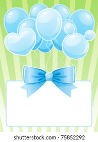Blue vector balloons with postcard and cute ribbon, design element.