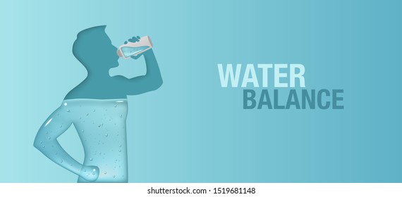 Blue vector banner of aqua balance in human body. Silhouette of man is drinking water.