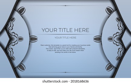 Blue vector banner with luxury black ornaments and place for your text. Template for design printable invitation card with vintage patterns.