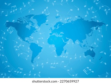 blue vector banner with swirl of music notes and blue world map - background