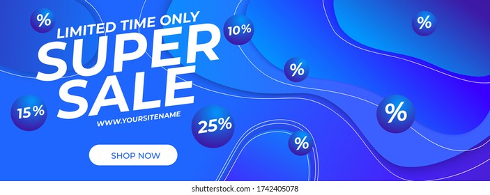 banner vectorial azul con palabras Super sale Limited time percents button con burla para el diseño en fondo de denim