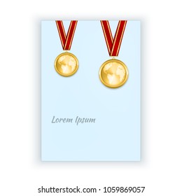 Blue vector blank poster with gold medals. Red ribbon with golden stripes. Copyspace. Template for your design, place for text, realistic shadow minimalistic design a1 format paper. Premium quality