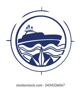 Blue vector boat logo draw with waves and circle