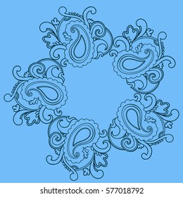 Blue vector bohemian texture, paisley pattern, boho decorative ornament. Mandala illustration, floral folk background, sun symbol