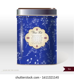 Blue Vector box with branch plants and place for your text. Design product package. Tea, coffee, dry products