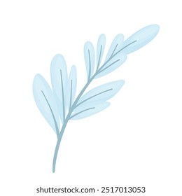 Blue vector branch of evergreen and winter flowers. Vector illustration of leaves for design. Hand drawn branches on a white background. Design element for natural and organic designs