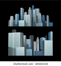 Blue vector building city skyline in front of black background