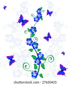 blue vector butterflies fluttering around vines and morning glory flowers