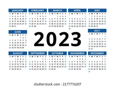 Calendario vectorial azul 2023 año. Diseño paisajístico. Plantilla horizontal de pared o calandra de bolsillo en inglés