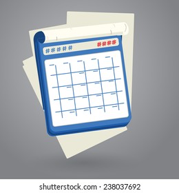 Blue vector calendar with page on grey background.